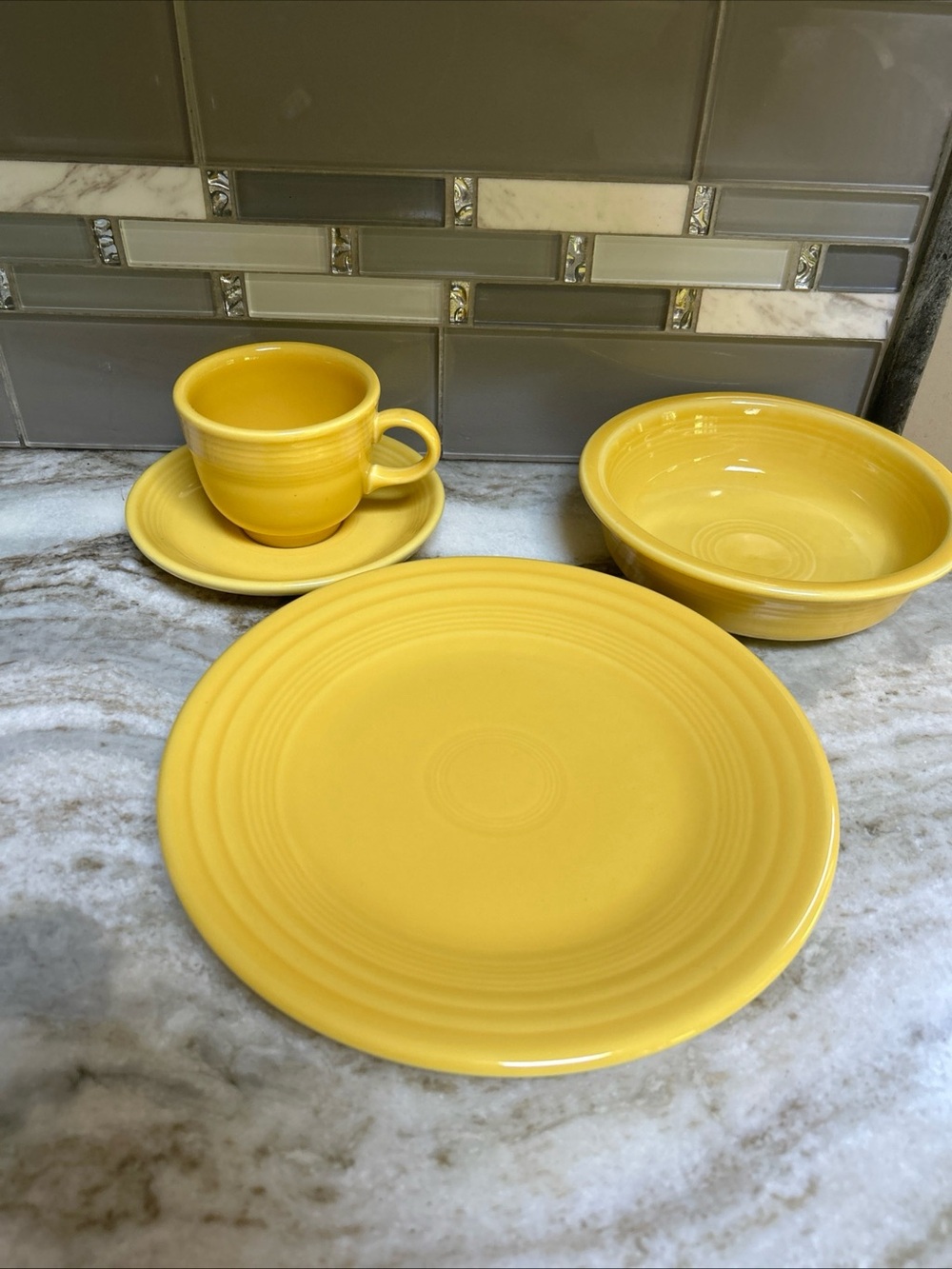 Fiestaware Yellow 4 Piece Place Dessert Plate Cup& Saucer Cereal Bowl retro